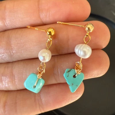 Natural Freshwater Pearl Earrings Turquoise Gemstone 14K Gold Plated Jewelry NEW - Image 1 of 4