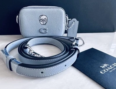 NEW COACH CUSTOM SKULL  MINI ZIP GREY BLUE LEATHER CARD POUCH CROSSBODY CP271 - Image 1 of 4