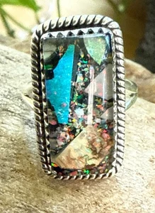Anello in argento sterling rettangolare con opale monarca misura 10 - Foto 1 di 7