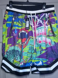 RS1NE Pantalones Cortos de Baloncesto, Nuevos con Etiqueta Talla Mediana Noche Terror Graffiti por Todas Partes - Imagen 1 de 10