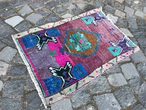 Türkischer Vintage Kleiner Teppich Handgefertigt Wolle Böhmisch Badematte Vorleger 1,7 x 2,3 Fuß - Bild 1 von 14