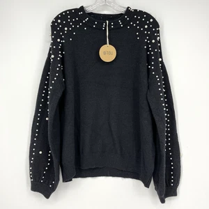 NWT BIBI Sweater Black Pearl Embellishments Size X Large Crew Neck Classic - Picture 1 of 7