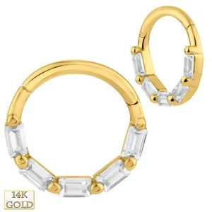 14K Yellow Gold 5 Baguette Cubic Zirconia Hinged 18g 8mm Wide Hoop Piercing Ring - Picture 1 of 1
