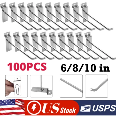 100Pcs 6/8/10'' Slatwall Hooks Hanger Display Hooks Single Rod Hook Retail Store