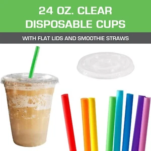 24oz Crystal Clear PET Disposable Cups with Flat Lids and Smoothie Straws - Picture 1 of 5