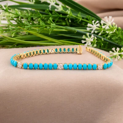 8.41 Tcw Natural H/SI Diamond Arizona Turquoise Oval Bracelet 14k Yellow Gold - Image 1 of 4