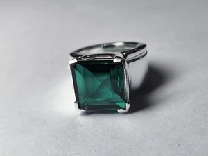 Men's Silver Ring Emerald Cut Green Stone Bold Vintage Statement Jewelry - Picture 1 of 9