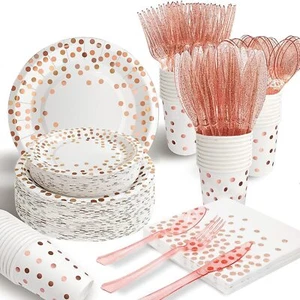White Rose Gold Party Tableware Set 175 Pcs Plates Napkins Serves 25 Guests - Picture 1 of 6