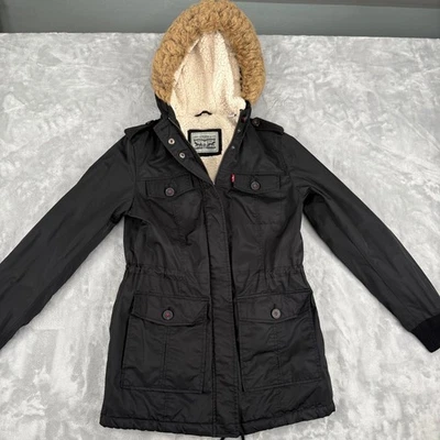 Chaqueta Parka Levi's Sherpa Forrada con Capucha Mujer Pequeña 4 Bolsillos Cremallera Negra DEFECTUOSA Foto 1 de 4