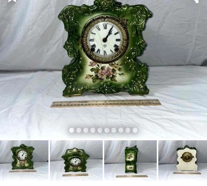Ansonia green porcelain mantel clock with uranium glass face. - Image 1 of 1