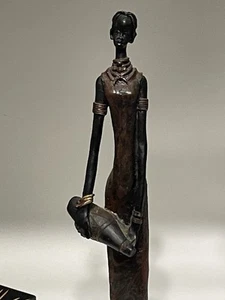 VINTAGE SLIM AFRICAN WOMAN FIGURINE HOLDING WATER JUG 15" HIGH WOOD & RESIN - Picture 1 of 6