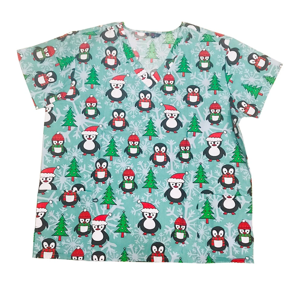 Womens Fashion Medical Nursing Scrub Top Printed Light Green Base Penguin XL - Image 1 of 2