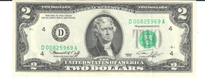 1976 (D)  FEDERAL RESERVE TWO DOLLAR NOTE LOW S/N 0082 5969 CIR - Picture 1 of 2