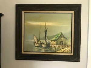 Antique Original Oil Painting on Canvas by G. Herbert Sailboats in Harbor Framed - Picture 1 of 10