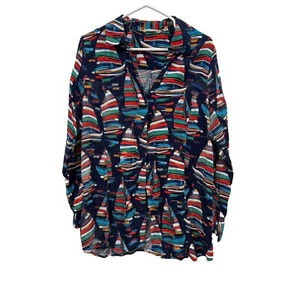 Soft Surroundings Sail Away Shirt Navy Sailboat Button Front Blouse Sz Medium M - Picture 1 of 6