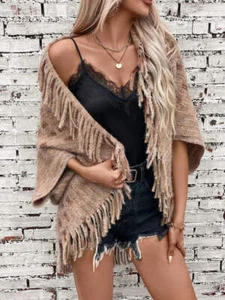 Fringe Open Front Boho Poncho Women’s Half Sleeve Cardigan Knit Cape Shawl Wrap - Picture 1 of 18