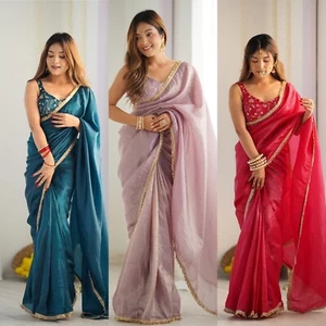Designer Pre Drapped Saree Blouse Bollywood Party Wear Saree Ready To Wear Sari - Picture 1 of 32