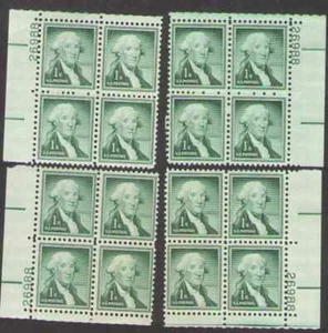 US. 1031. 1c. George Washington. 4 Matched Position PB4 #26988. MNH. 1956 - Picture 1 of 2