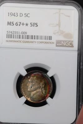 1943 D Jefferson Nickel NGC MS67 + * 5FS  Toned *DoubleJCoins* JL1100-21 - Image 1 of 4