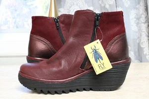 Fly London - Leather Wedge Ankle Boots - Yavo - Burgundy Red - EU 37 US 6 - 6.5 - Picture 1 of 8