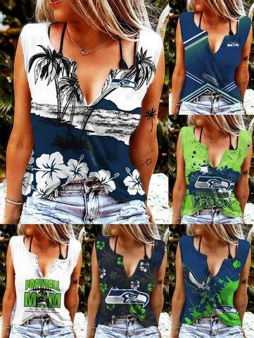Seattle Seahawks V-neck T-shirts Ring Hole Sleeveless Tank Tops Summer Vest Gift Cover