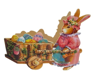 Vintage Wooden Easter Girl Bunny Rabbit Pushing Egg Cart Candy Egg Holder Decor - Picture 1 of 15