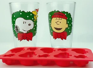 Peanuts Snoopy~Charlie~Woodstock~Christmas 2 Glass Set w/Ice Cube Tray~NEW~16oz - Bild 1 von 7
