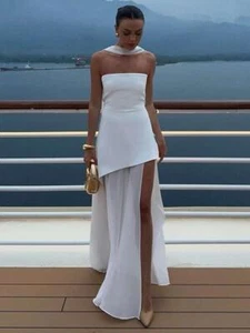 Damen Kleid Mozision Elegant Trägerlos Sexy Maxikleid mit Schal Schulterfrei - Bild 1 von 27