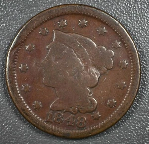 1848 Vg to F Braided Hair Large Cent American Copper Cent USA Currency - Picture 1 of 2
