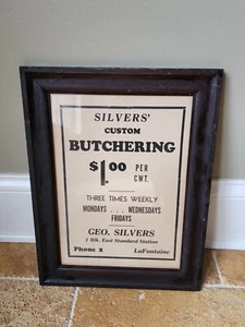 Antik 1930er gerahmt LaFontaine Indiana Metzger Schild Silber Karton 17" x 13" - Bild 1 von 4