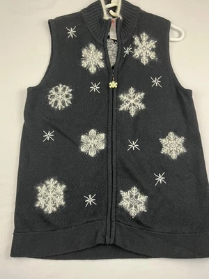 Womens Quacker Factory Sweater Vest Black with White Snowflakes Size Large - Image 1 of 4