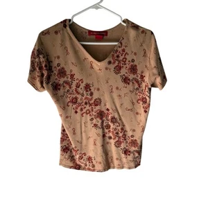 Gloria Vanderbilt Y2k Size Large Boho Rustic Floral Beige Red Short Sleeve Top - Picture 1 of 7