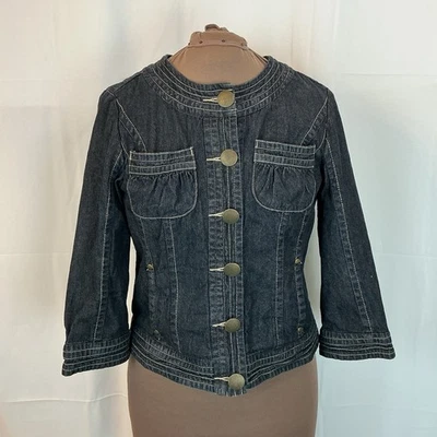 Mujer Pequeña Denim Jean Moto Chaqueta CAMISETA Babydoll Clásica Moneda Oscura Abotonada Foto 1 de 4