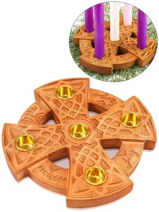 Christmas Advent 5 Candles Holder Wood Ring Shaped with Celtic Knot Nativity ... - Foto 1 di 7