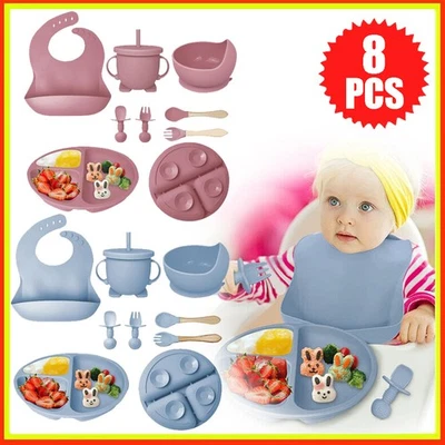 8teilig Silikon Baby Geschirrset Kindergeschirr Kinder Teller w/Saugnapf BPAFrei - Bild 1 von 4