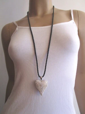 Damen Hals Kette Modekette lang Modeschmuck Band Strass Herz Silber Neu h761h - Bild 1 von 4