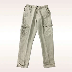 Nicole Miller Pants Womens L Khaki Cargo Cuffed Linen Blend Coastal Beach - Picture 1 of 12