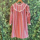 Lanz Of Salzburg Nightgown Girls M 7/8 Red Stripe Fleece Ruffle Trim Long Sleeve
