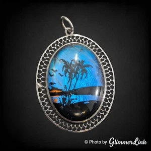 VTG Butterfly Wing Tropical Beach Scene Sterling Silver Oval Filigree Pendant - Picture 1 of 6