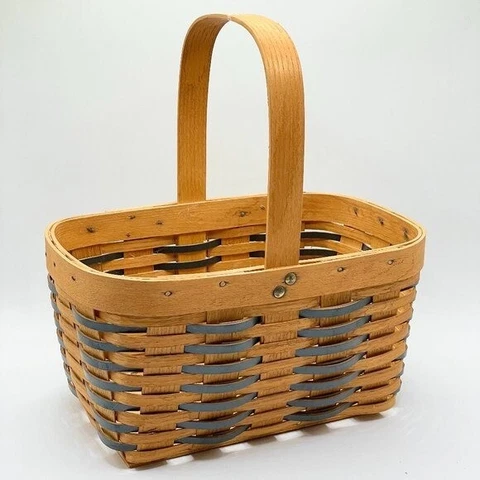 Peterboro Basket Ash Wood Single Bent Handle Woven Woven Blue Leather Accent USA Cover