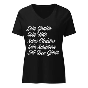 Five Solas Reformed Baptist T-Shirt - Woman's V-Neck Christian Tee - White Text - Picture 1 of 6