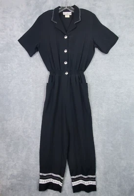 Vtg 80s Saint Germain Womens Jumpsuit Sz S Black Buttons Straight Leg Embroidery - Image 1 of 4