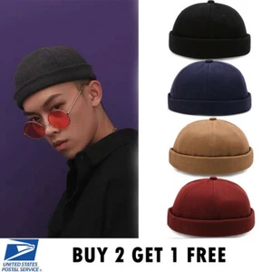 Retro Brimless Men Hat Skull Cap Cotton Rolled Cuff Adjustable - Picture 1 of 12
