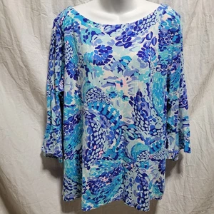 Lilly Pulitzer Size XL Fontaine Top Turquoise Oasis Wave After Wave 3/4 Sleeves - Picture 1 of 7