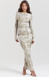 HOUSE OF CB Lanetta Langarm Maxikleid, hellsalbei Print - XS - mit Etikett - Bild 1 von 5