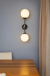Mid Century Modern Double Globe Wall Sconce, Brass Globe Wall Light Fixture - Picture 1 of 9