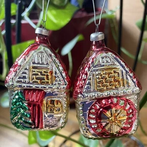 Lotto 2 Ornamenti Natalizi Casa Vetro Vintage Germania Ovest 3” Bellissimi - Foto 1 di 1