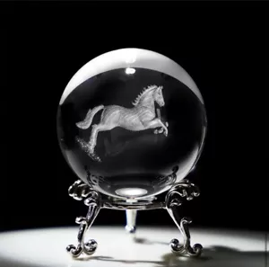 Stunning 3D Carving Horse Decor Crystal Ball Paperweight Collectable Gift - Picture 1 of 9