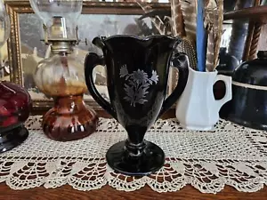 Vintage Black Glass Vase, L.E. Smith Black Glass Trophy Vase with Silver Flower - Picture 1 of 10
