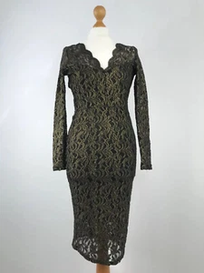 Next Petites Gold Lined Lace Fitted Stretchy Bodycon Knee Length Scallop Dress10 - Picture 1 of 12
